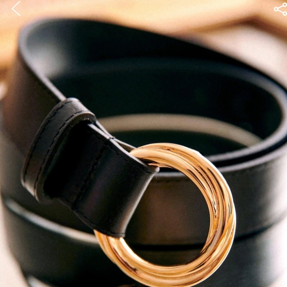 Sezane Black Leather Belt with Gold Ring Buckle